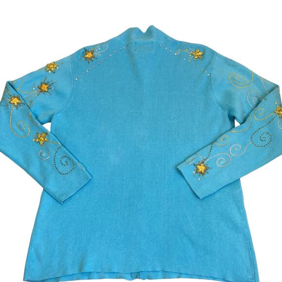Quacker Factory Vtg 90s Holiday Cardigan With Star Appliquè Turquoise & Gold - Picture 10 of 16